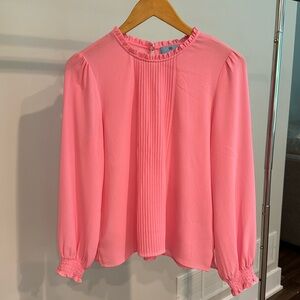 Bubble gum pink ruffle neck blouse by CeCe.